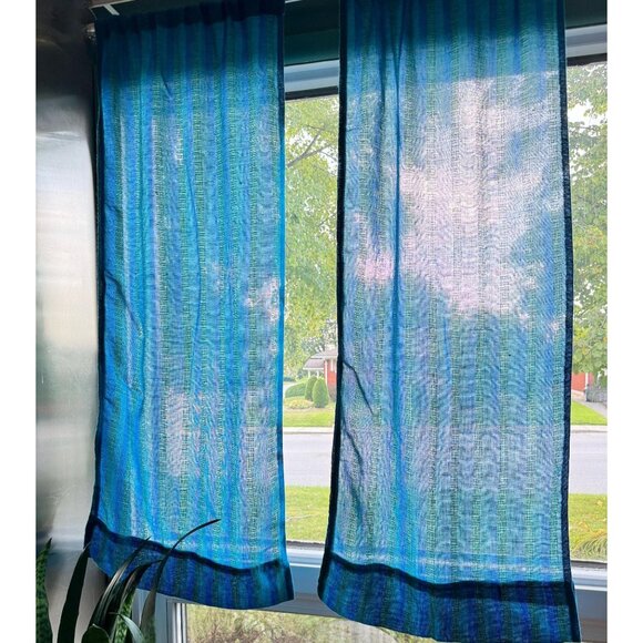 Vintage 70s curtains, peacock blue green stripes, pair of panels - Picture 1 of 7